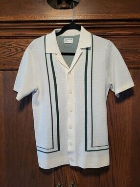 Retro Look! Frank And Oak Cotton Knit Shirt with Green Stripe
